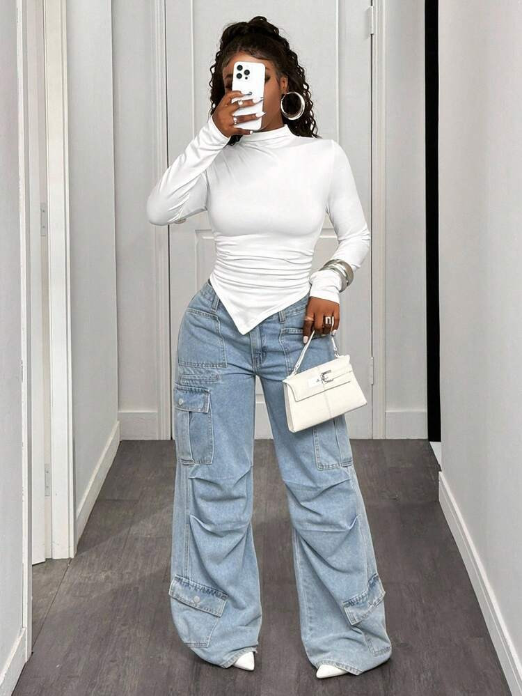 BamGleam Solid Color Stand Collar Asymmetric Hem T-Shirt Fall Cloth For Women I discovered amazing products on SHEIN.com, come check them out! https:/ | SHEIN