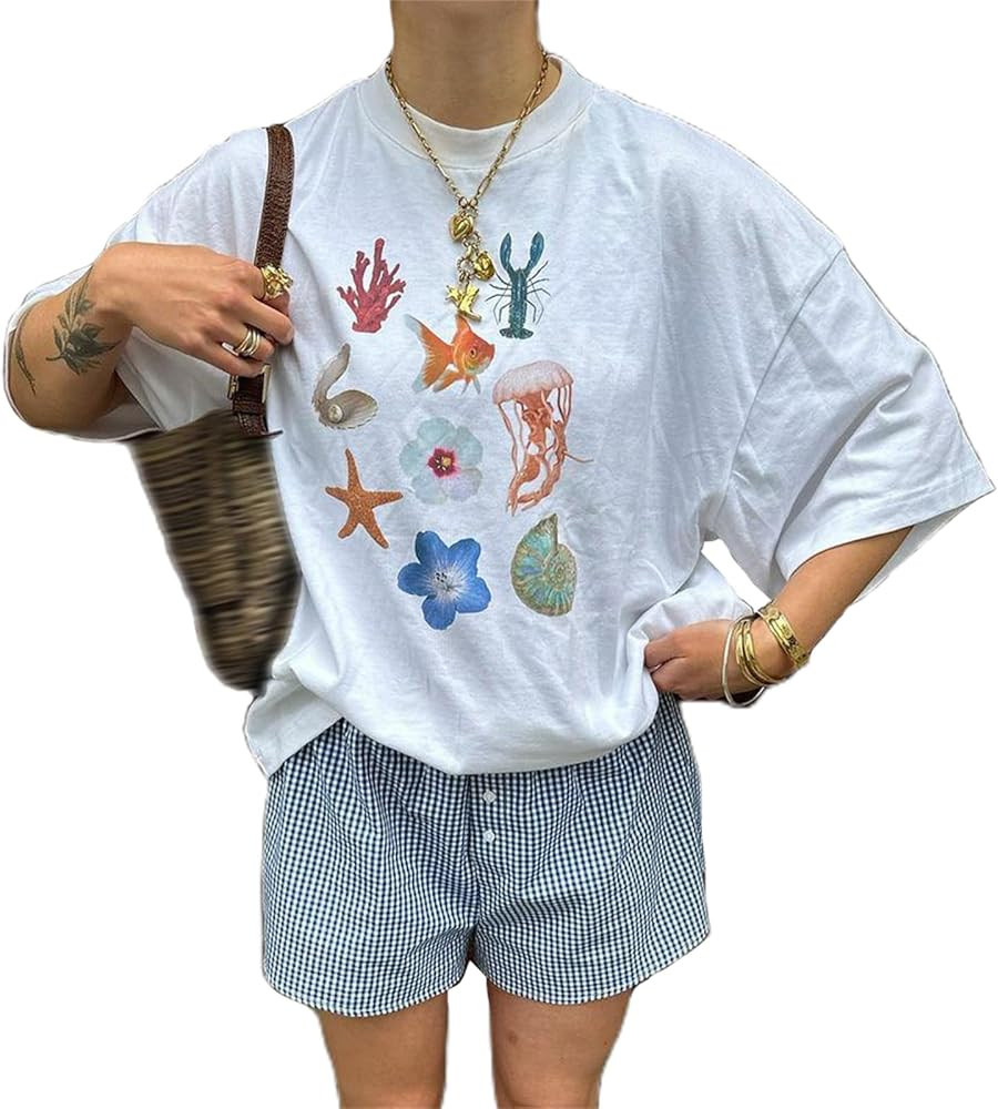 Oversized Graphic Tees for Women Y2K Short Sleeve Baggy T Shirt Teen Girls Cute Preppy Vintage Ae... | Amazon (US)