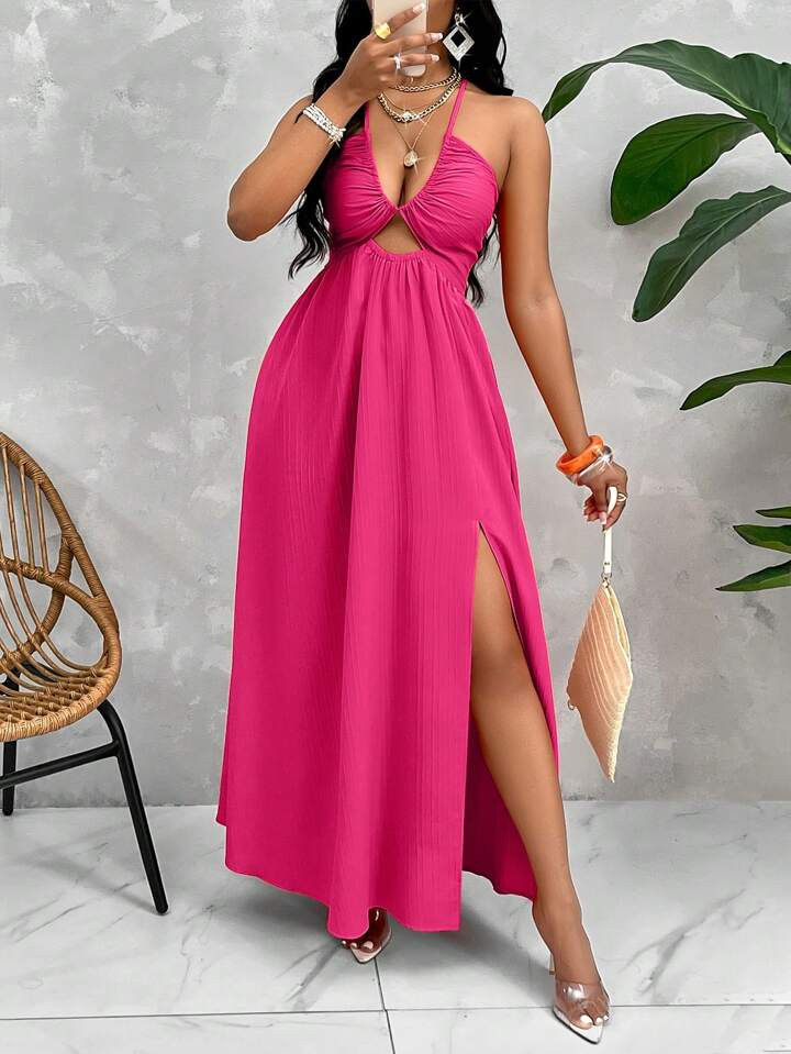 VaVaBold Crisscross Tie Backless Halter Swing Dress Maxi Women Outfit Beach Long Dress | SHEIN