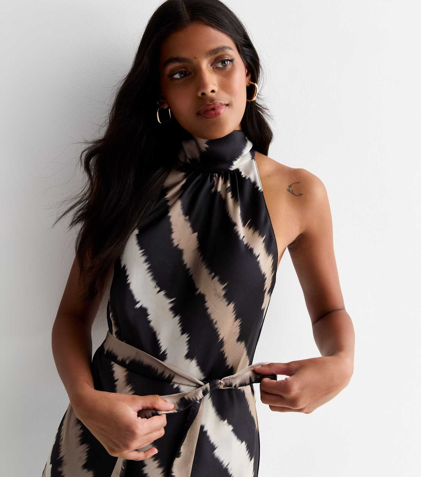 Black Diagonal Stripe Satin Halter Neck Belted Midi Dress | New Look | New Look (UK)