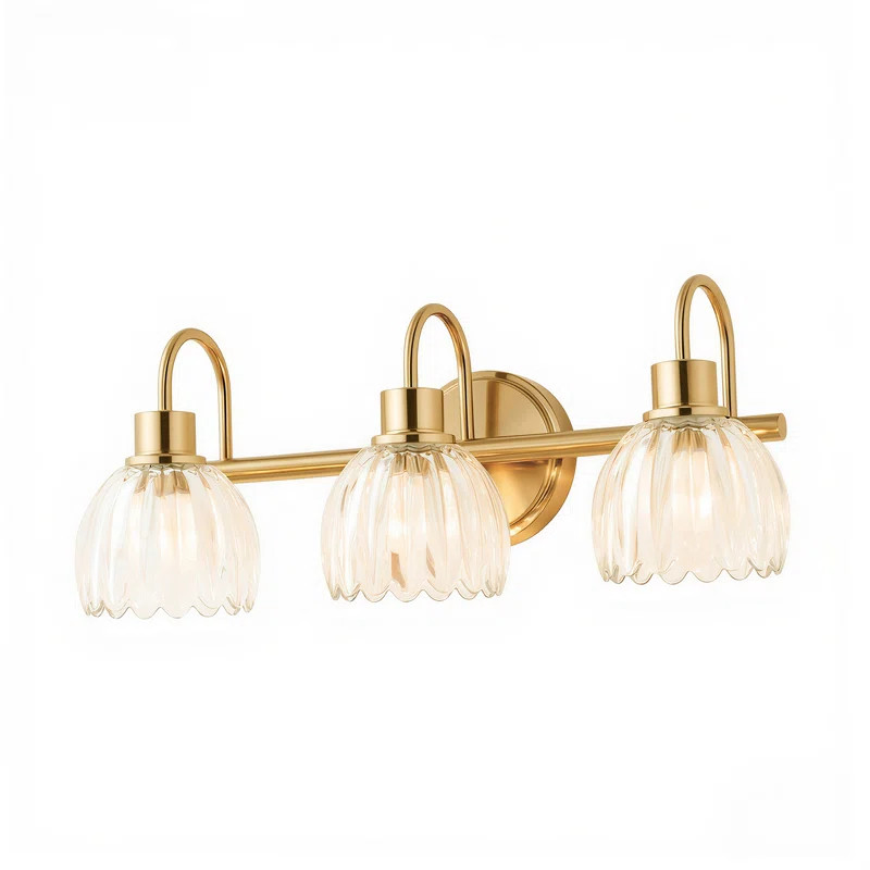 3-Light Antique Brass Vanity Light,Lotus Clear Glass, E26 Base, Bathroom Wall Mount | Wayfair North America