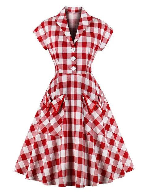 Red White 1950s Pockets Plaid Dress | Retro Stage