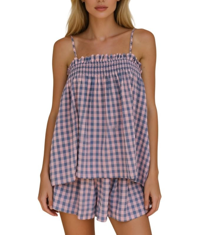 ROAONOCOMO Women Gingham 2 Piece Pajama Set Flowy Peplum Babydoll Cami Top Wide Leg Shorts Sets S... | Amazon (US)