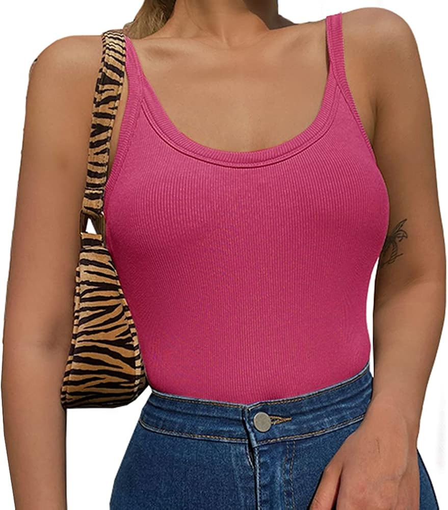 Artfish Women's Sleeveless Tank Top Form Fitting Scoop Neck Ribbed Knit Basic Cami Shirts | Amazon (US)