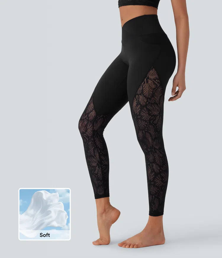 Women’s SoftlyZero™ High Waisted Crossover Pocket Contrast Lace 7/8 Yoga Leggings-UPF50+ - Ha... | HALARA
