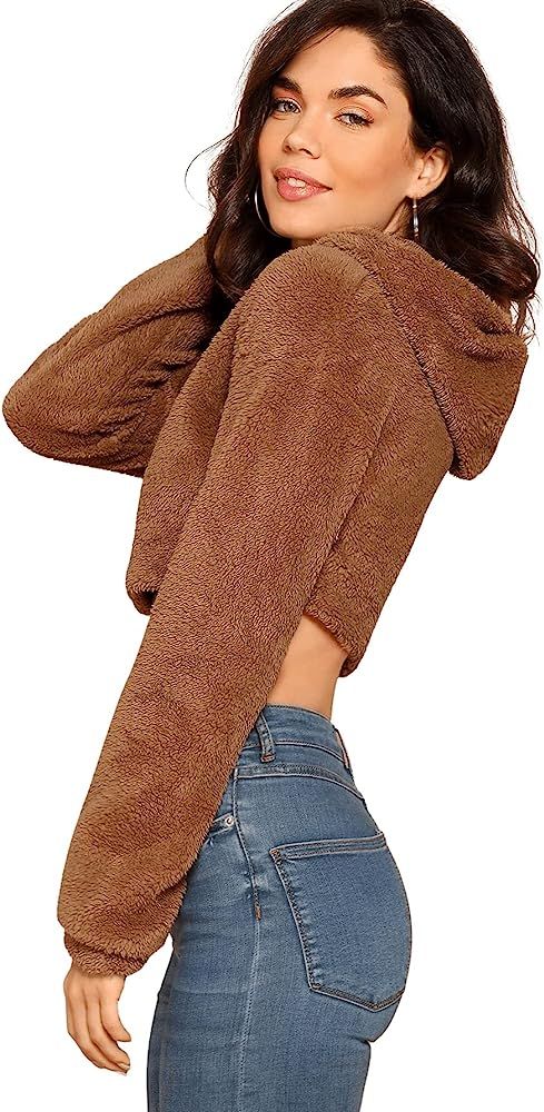 SweatyRocks Women's Warm Fleece Crop Top Solid Long Sleeve Hoodie Sweatshirt Pullover Shirt | Amazon (US)