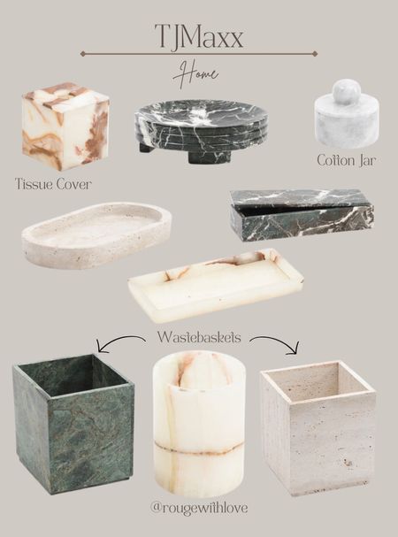 Marble
Onyx
Travertine
Wastebasket
Tissue cover
Cotton jar
Marble tray
Travertine tray
Bathroom 
Trashcan
Tjmaxx
Marshalls


#LTKfindsunder50 #LTKsalealert #LTKhome
