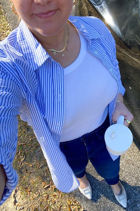 Dressy casual outfit
Spring outfit idea
Buttondown 
Gold jewelry 
Striped shirt
Blue and white outfit 
Slingbacks 
Target outfit 

#LTKfindsunder50 #LTKmidsize #LTKshoecrush