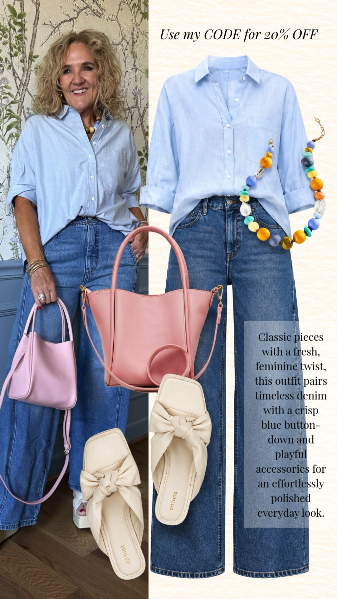 ✨ Save 20% off orders of $100+ at Anthropologie with code NANETTE20.

A crisp blue button-down and great-fitting denim never go out of style. This outfit is one of those effortless combinations you can wear for lunch, travel, errands, or casual Fridays. I love how the colorful necklace and blush pink bag add a fun pop of color while keeping the look polished and timeless.

💡 LTK MADE EASY
❤️ Heart = Support my posts!
🔖 Save = Get sale & restock alerts
📋 Lists = Keep favorites organized
📲 Share = Send lists and products to a friend. Hello, Christmas List!
💬 Comment = Ask me anything about sizing or fit. 😊

#LTKootd #LTKOver40 #LTKSaleAlert