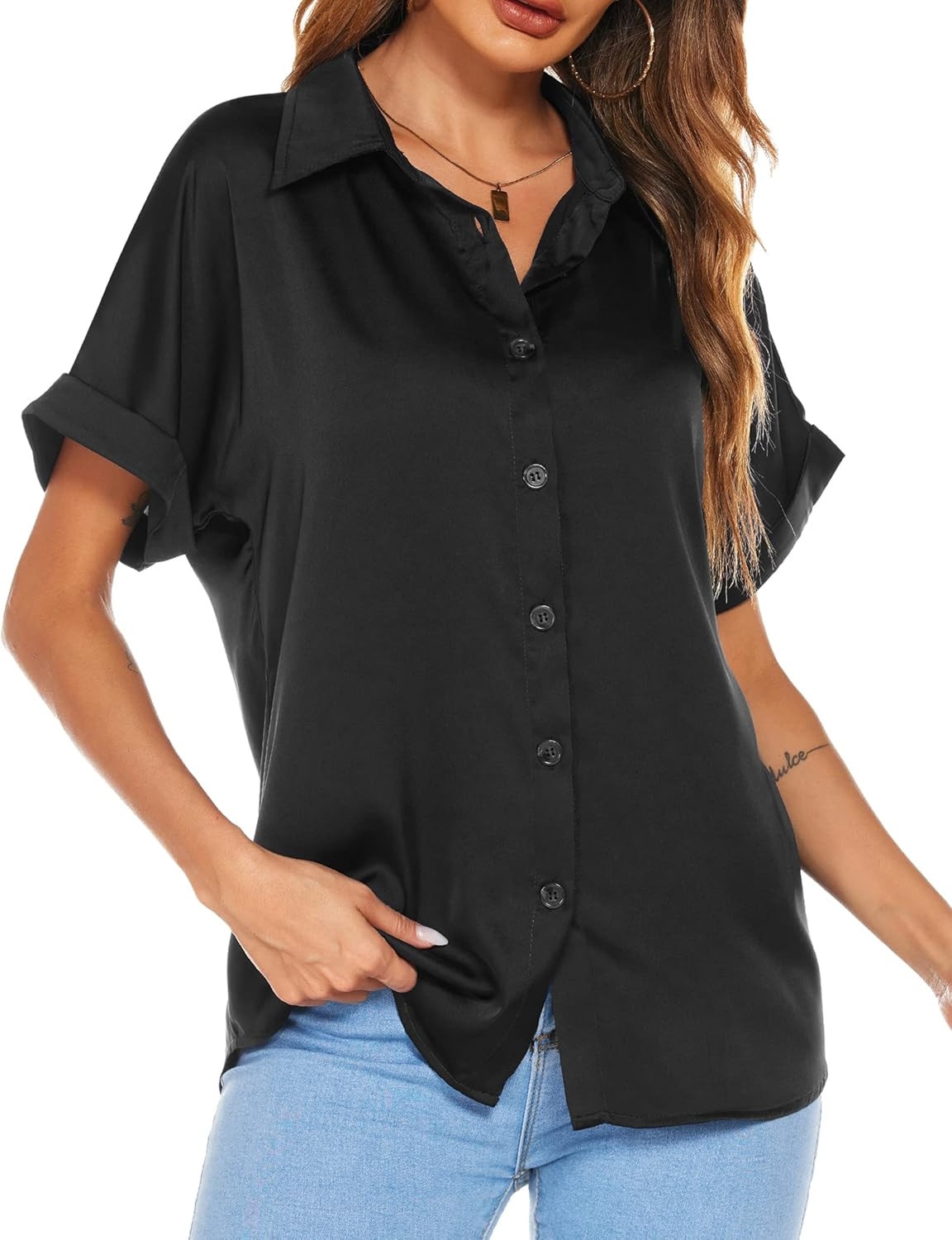 Hotouch Women Button Down Shirts Satin V Neck Short Sleeve Formal Casual Work Blouse Tops at Amaz... | Amazon (US)