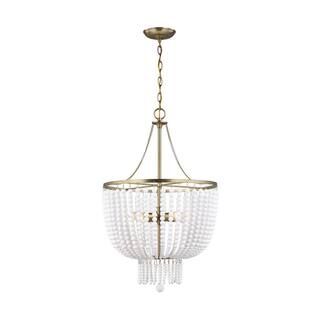 Jackie 4-Light Satin Brass Hanging Chandelier With White Glass Beads | The Home Depot