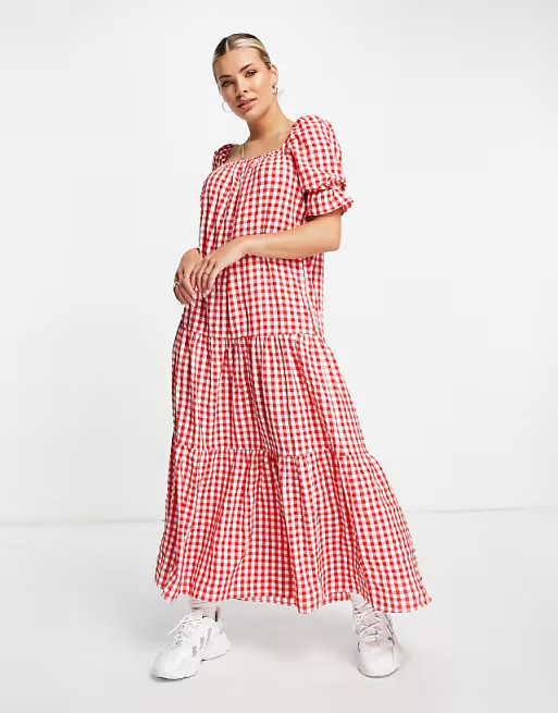 ASOS DESIGN tiered maxi smock dress in red gingham | ASOS (Global)