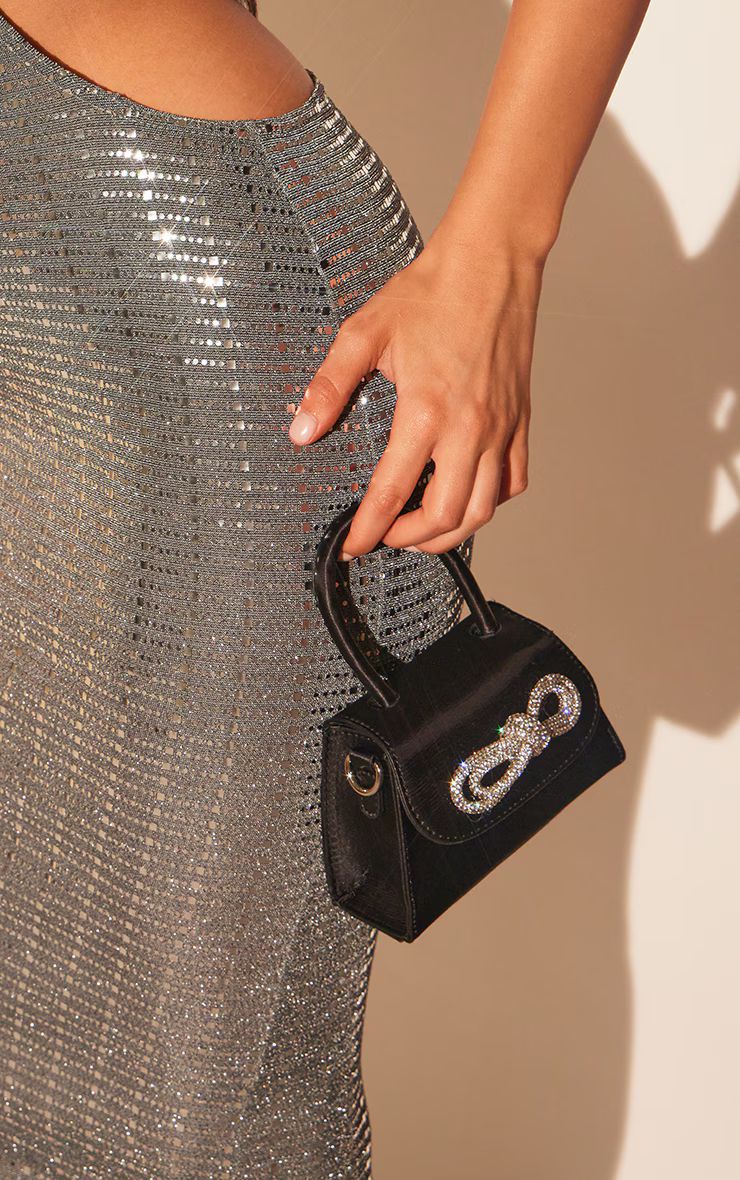 Black Satin Diamante Bow Trim Mini Grab Bag | PrettyLittleThing UK