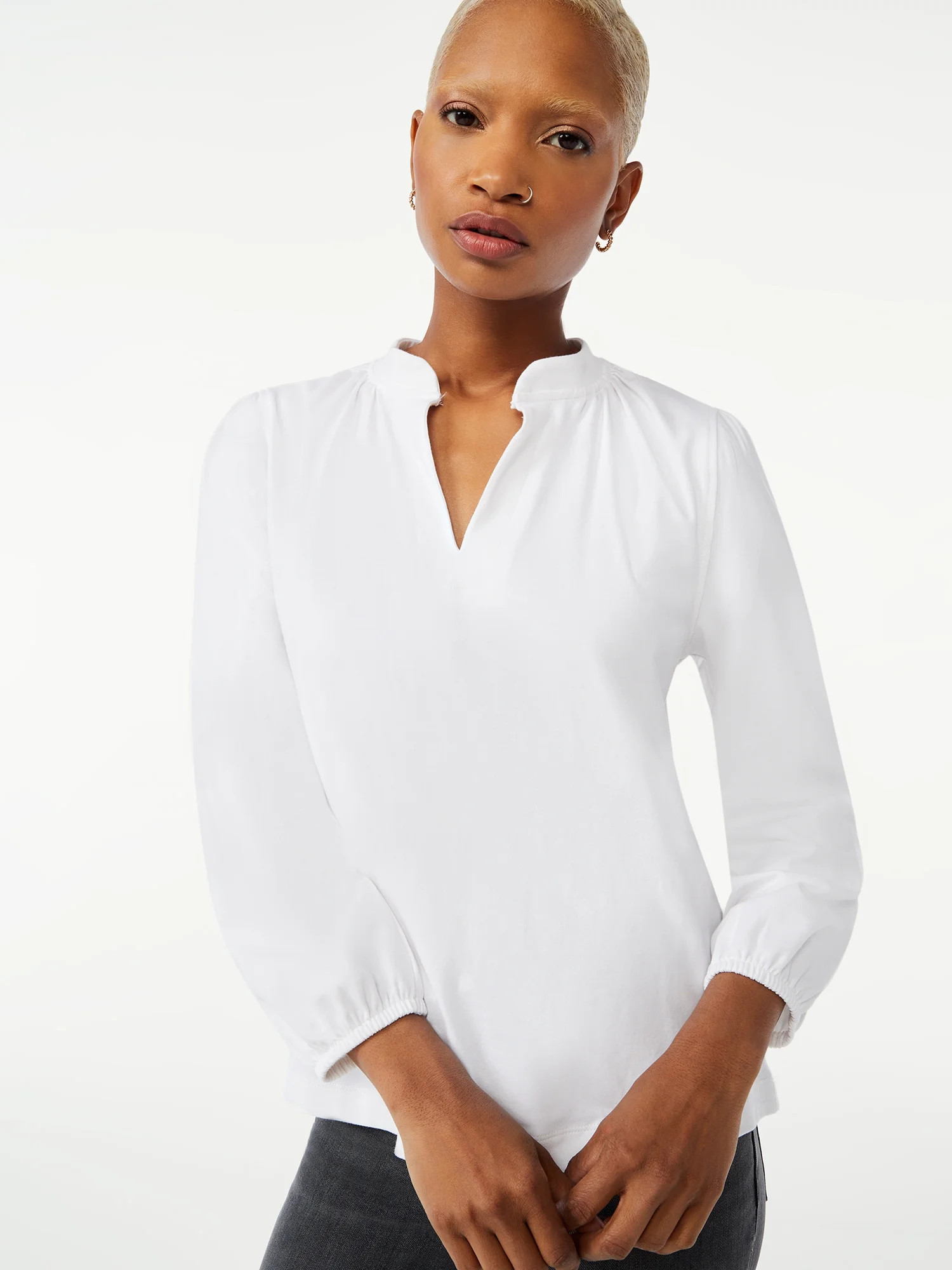Free Assembly Women's Split Neck Top with Blouson Sleeves - Walmart.com | Walmart (US)