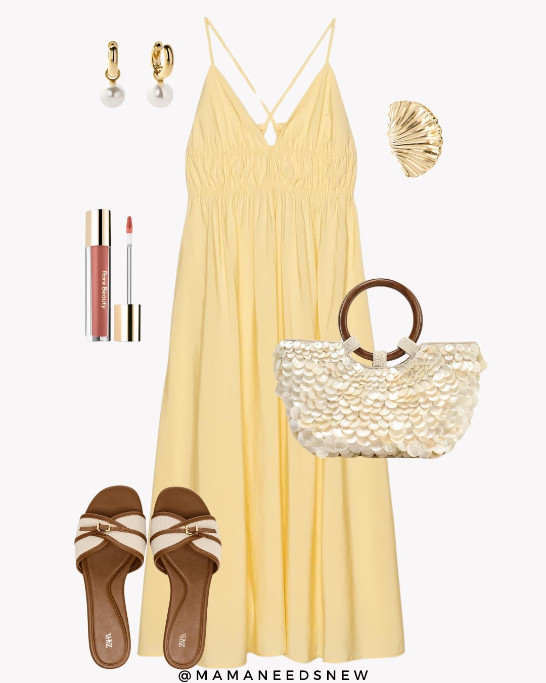A summer / vacation outfit with a yellow flowy maxi dress, slide sandals & a cute pearlesque top handle bag 💛

#LTKSaleAlert #LTKStyleTip #LTKItBag
