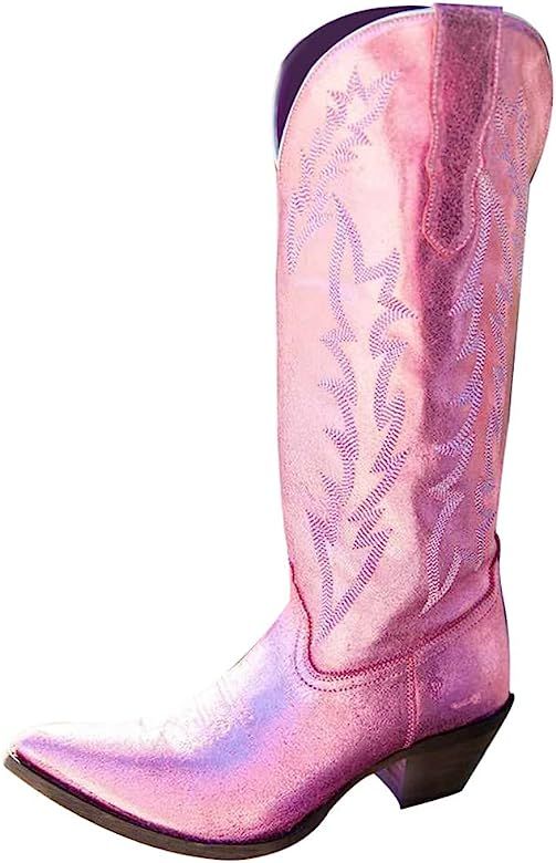 Amazon.com | Cowgirl Cowboy Boots for Women Retro Pointed Toe Pull On Block Chunky Heel Glitter S... | Amazon (US)