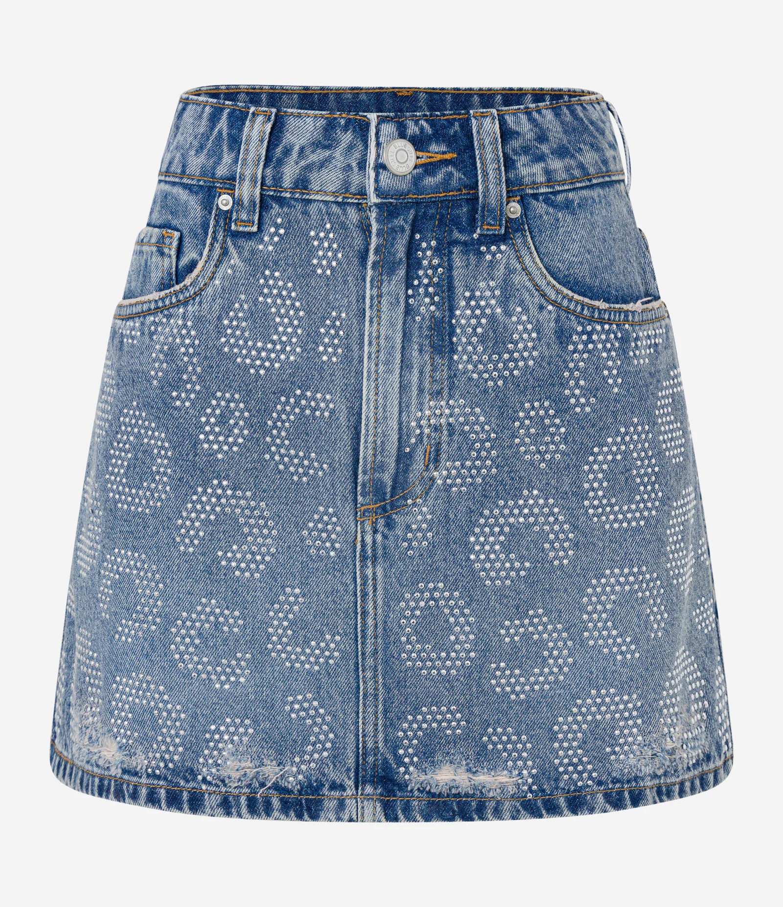 Saia Cintura Alta em Jeans Animal Print e Brilhos Aplicados Azul - Lojas Renner | Renner (BR)