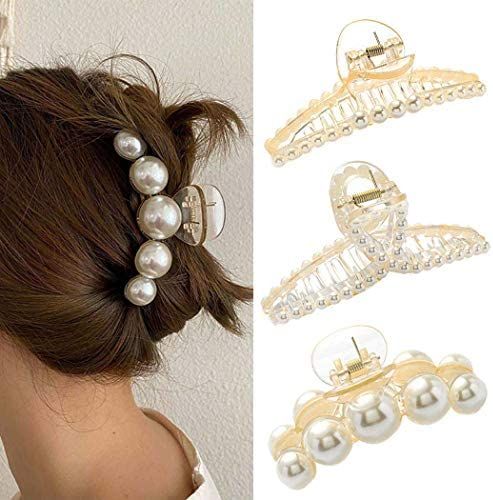 Woeoe French Pearl Hair Claw White Large Plastic Banana Clips Hair Claw Clips Thick Nonslip Outdoor  | Amazon (US)