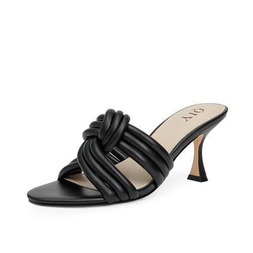 QIY Black Sandals for Women Slip On Heeled Mules for Women Black Strappy Heels Open Toe Knot Heels Summer Dress High Heel Size 7.5 | Amazon (US)
