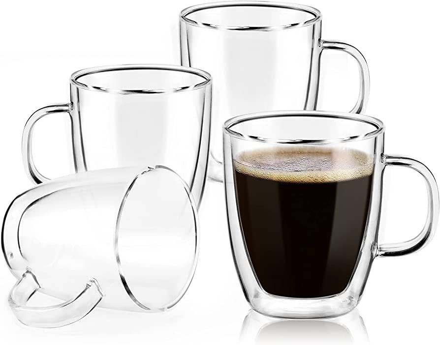 Liuruiyu Double Wall Glass Coffee mugs, (Set of 4) 12 Ounces-Clear Glass Coffee Cups with Handle... | Amazon (US)