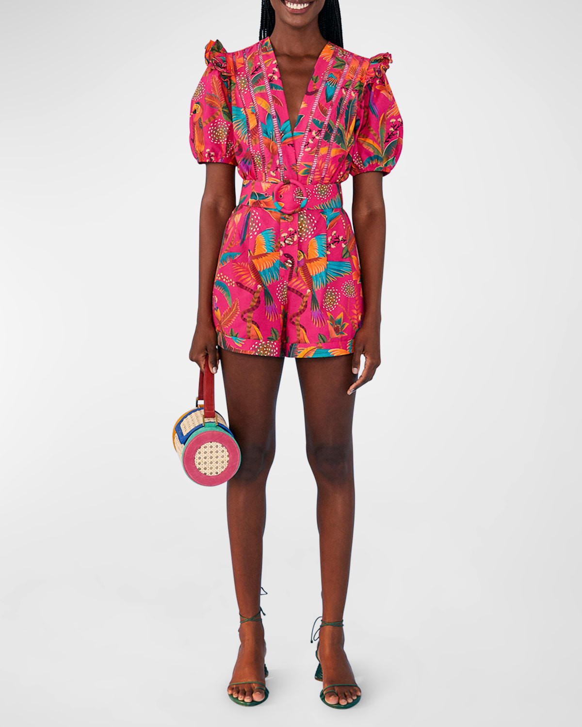Macaw Party Printed Belted Romper | Neiman Marcus