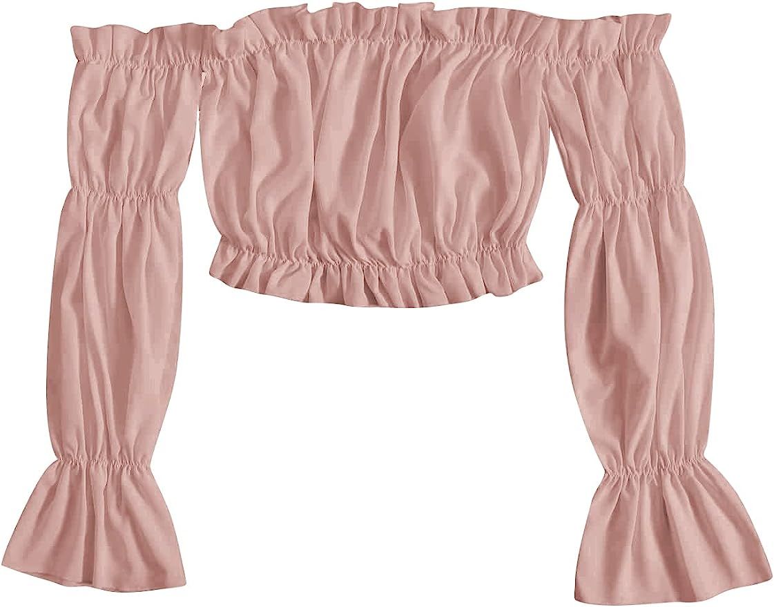 Verdusa Women's Off Shoulder Crop Top Ruffle Flounce Long Sleeve Shirt Casual Ruched Blouse | Amazon (US)