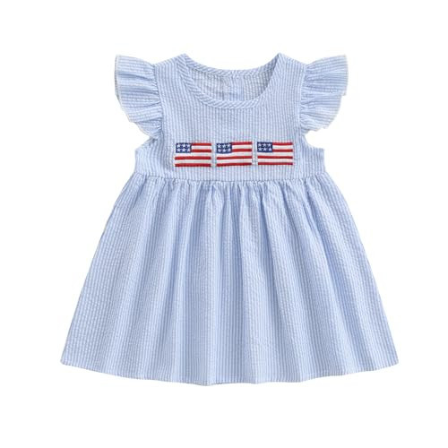 FYBITBO Toddler Baby 4th of July Outfit Girls Fourth of July Dress American Flag Smocked Dresses Independence Day Clothes (Blue, 18-24 Months) | Amazon (US)