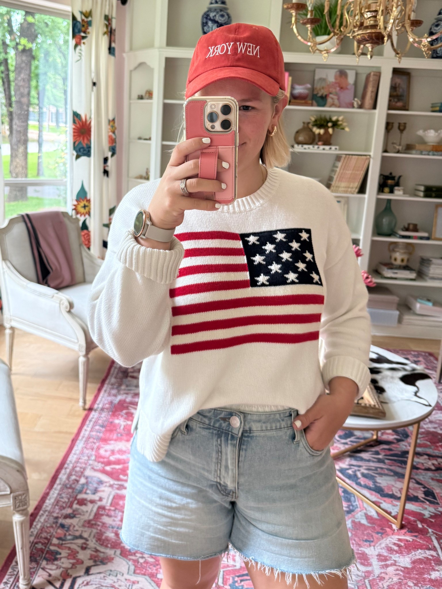 Flag sweater is perfect for layering during the summer holidays! Denim shorts are true to size. 

#LTKSummerEdit #LTKSaleAlert #LTKMidsize