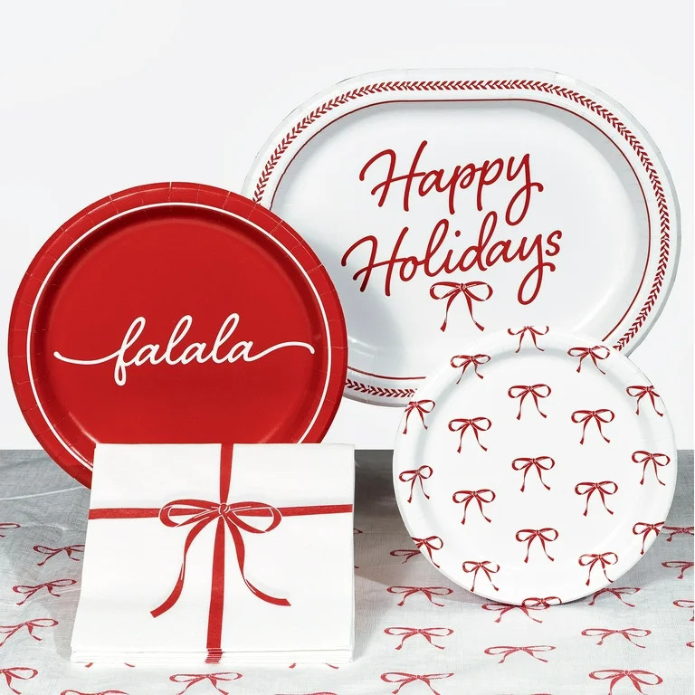 Festive Bows Paper Christmas Napkins, Red and White, 6.5" x 6.5", 32 Count, by Holiday Time | Walmart (US)