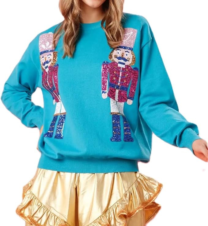 Muineobuka Women Sequin Christmas Sweatshirts Sparkle Nutcracker Santa Long Sleeve Crewneck Pullo... | Amazon (US)