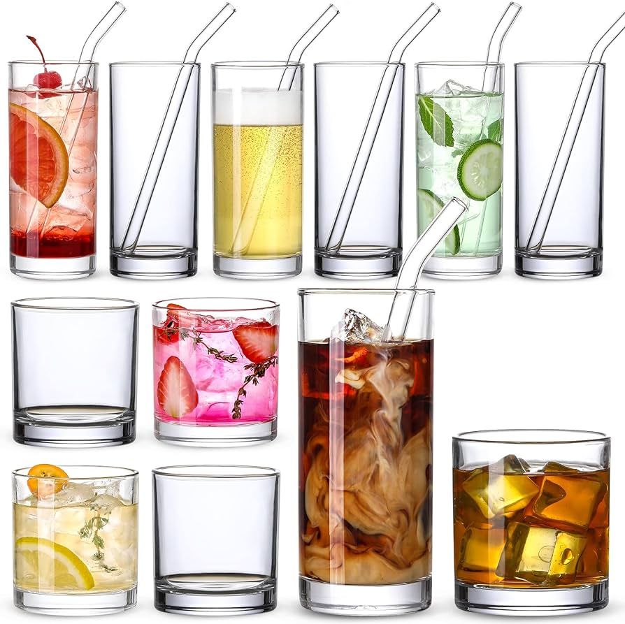 12-Pack 12oz Glass Cups with Straws, Drinkware Glasses Set for Water, Coffee, Cocktails | Amazon (US)