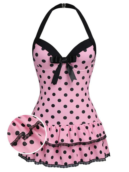 Pink 1940s Halter Polka Dots Bow One-Piece Swimsuit | Retro Stage