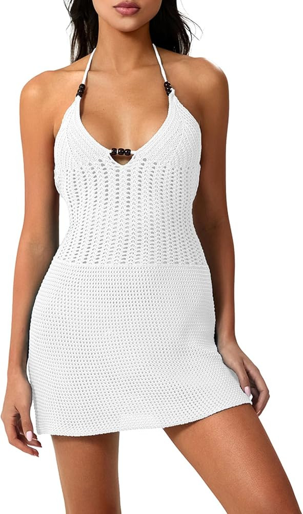 Women Backless Halter Mini Dress Casual Summer Knit Crochet Cutout Tie Back Bodycon Party Dress B... | Amazon (US)