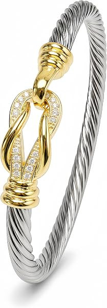 Cable Bracelets for Women, Twisted Cable Bracelet Cuff, Mixed Metal Two Tone Silver and Gold Brac... | Amazon (US)