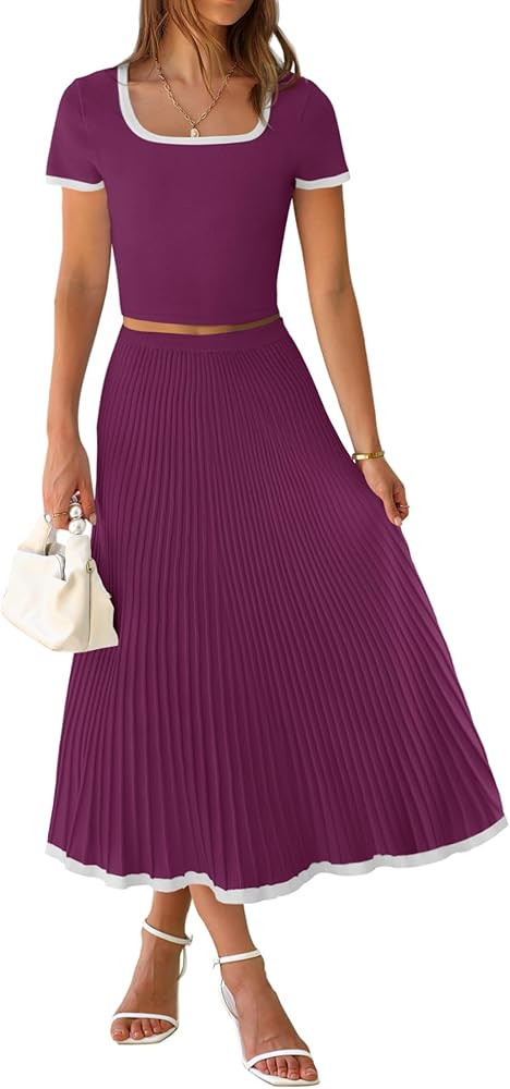 ZESICA Womens Summer Casual Two Piece Sets Short Sleeve Top and Pleated Skirts Matching Lounge Se... | Amazon (US)