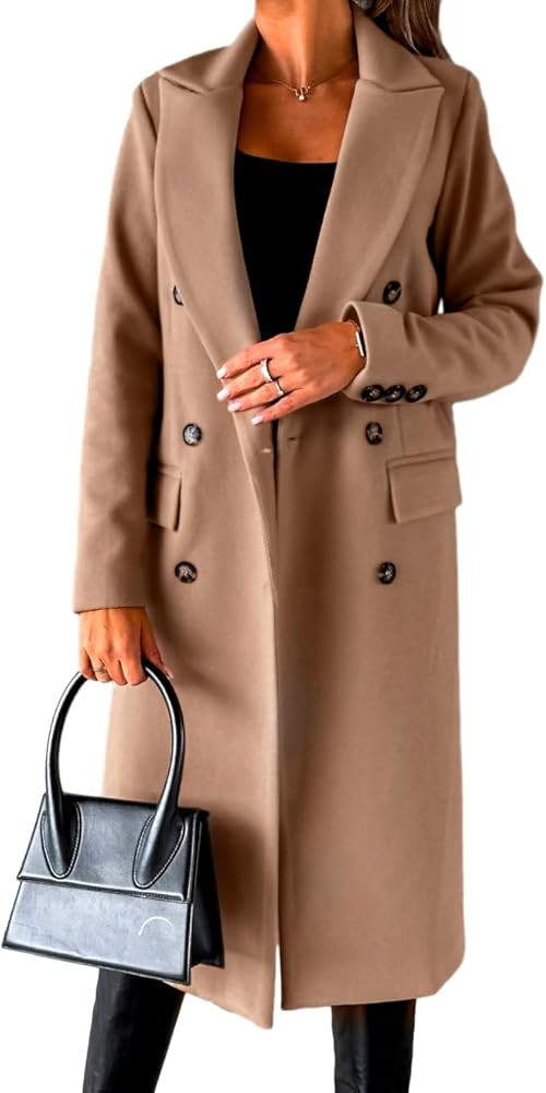 IDEALSANXUN Womens Long Wool Coat Double Breasted Trench Coat Fall Winter Clothes | Amazon (US)