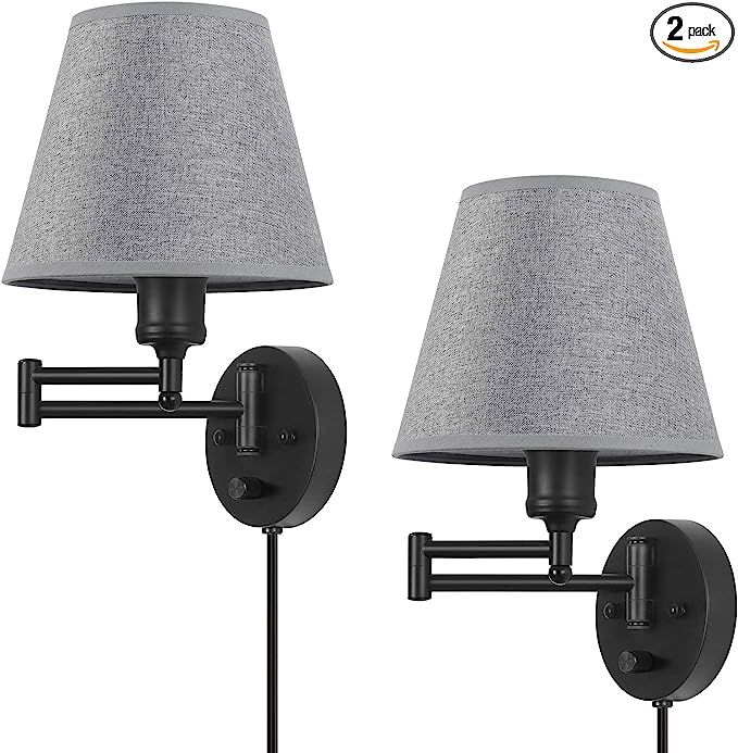 Plug in Wall Light Set of 2, Dimmable Wall Sconce, Swing Arm Wall Fixture with Gray Linen Lampsha... | Amazon (US)