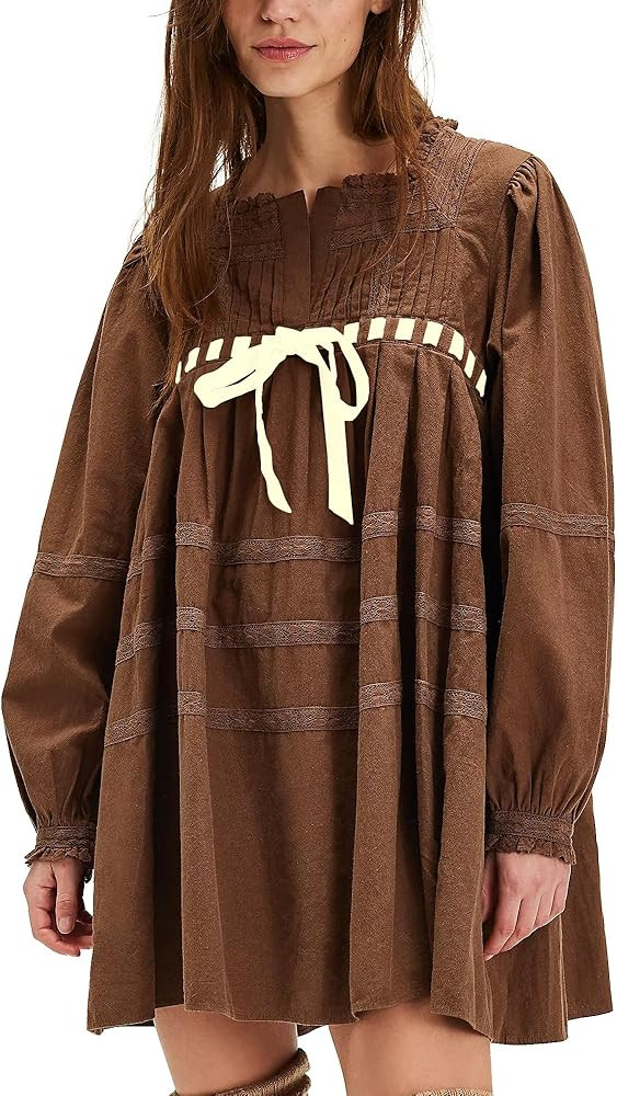 Locachy Womens 2025 Casual Cotton Dress Tie Front Square Neck Long Sleeve A Line Pleated Mini Dre... | Amazon (US)