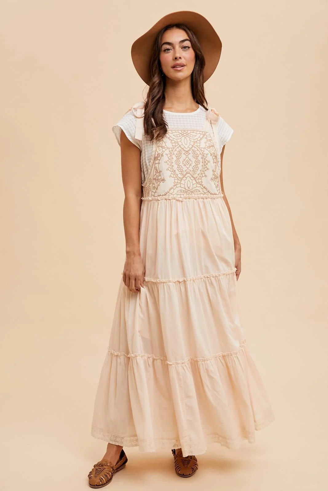 Cream Embroidered Ruffle Tiered Apron Dress | PinkBlush Maternity