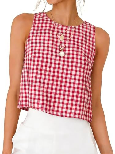 IDEALSANXUN Red Gingham Top 2026 Spring Summer Checkered Plaid Tank Top Sleeveless Shirt Blouse Vest, Wine, S | Amazon (US)