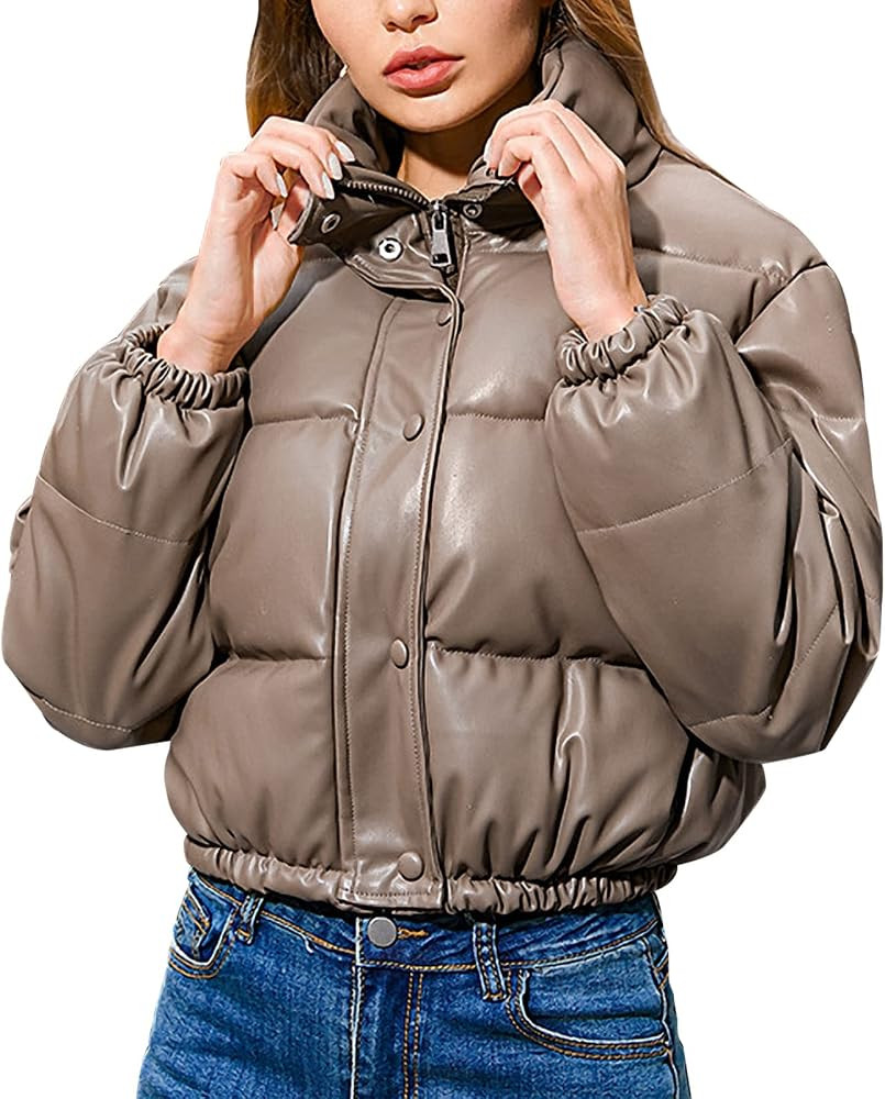 Gihuo Women' s Cropped Puffer Jacket Faux Leather Lightweight Quilted Puffy Jackets Warm Winter C... | Amazon (US)