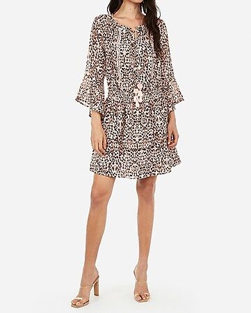 leopard smocked chiffon fit and flare dress | Express