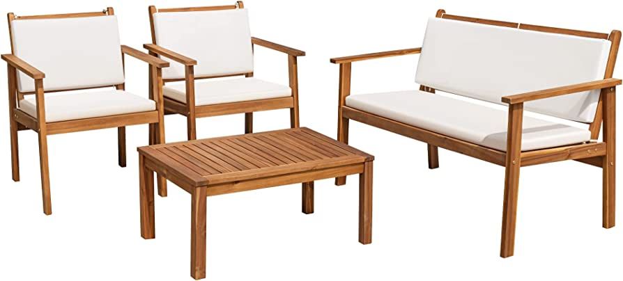 Flamaker Patio Furniture 4 Piece Outdoor Acacia Wood Patio Conversation Sofa Set with Table & Cus... | Amazon (US)