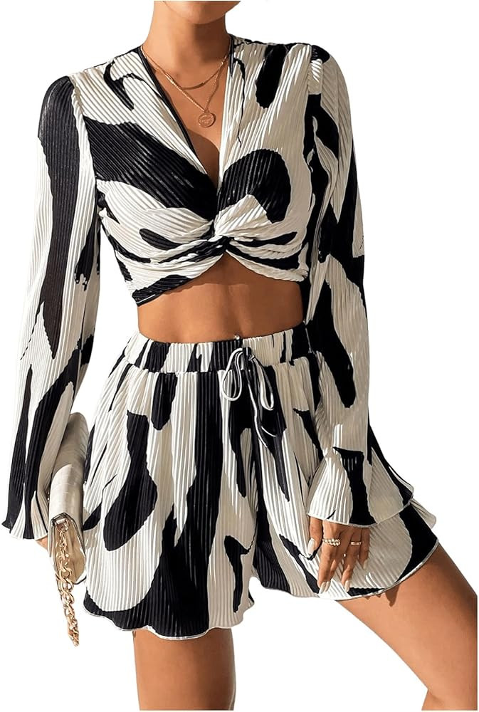 Verdusa Women's 2 Piece Outfit Twist Bell Sleeve Crop Top and Wide Leg Shorts Sets | Amazon (US)