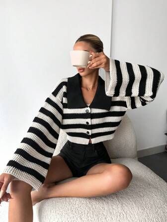 SHEIN Frenchy Gestreept patroon Oversized Crop cardigan | SHEIN