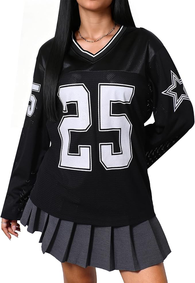 Womens Long Sleeve Oversized Jersey Shirts Mesh Y2k Graphic Tees Football Jersey Streetwear | Amazon (US)