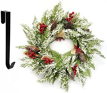 Xmas Front Door Wreath with Hanger, Artificial Christmas Wreath Flocked with Mixed Decorations, F... | Amazon (US)