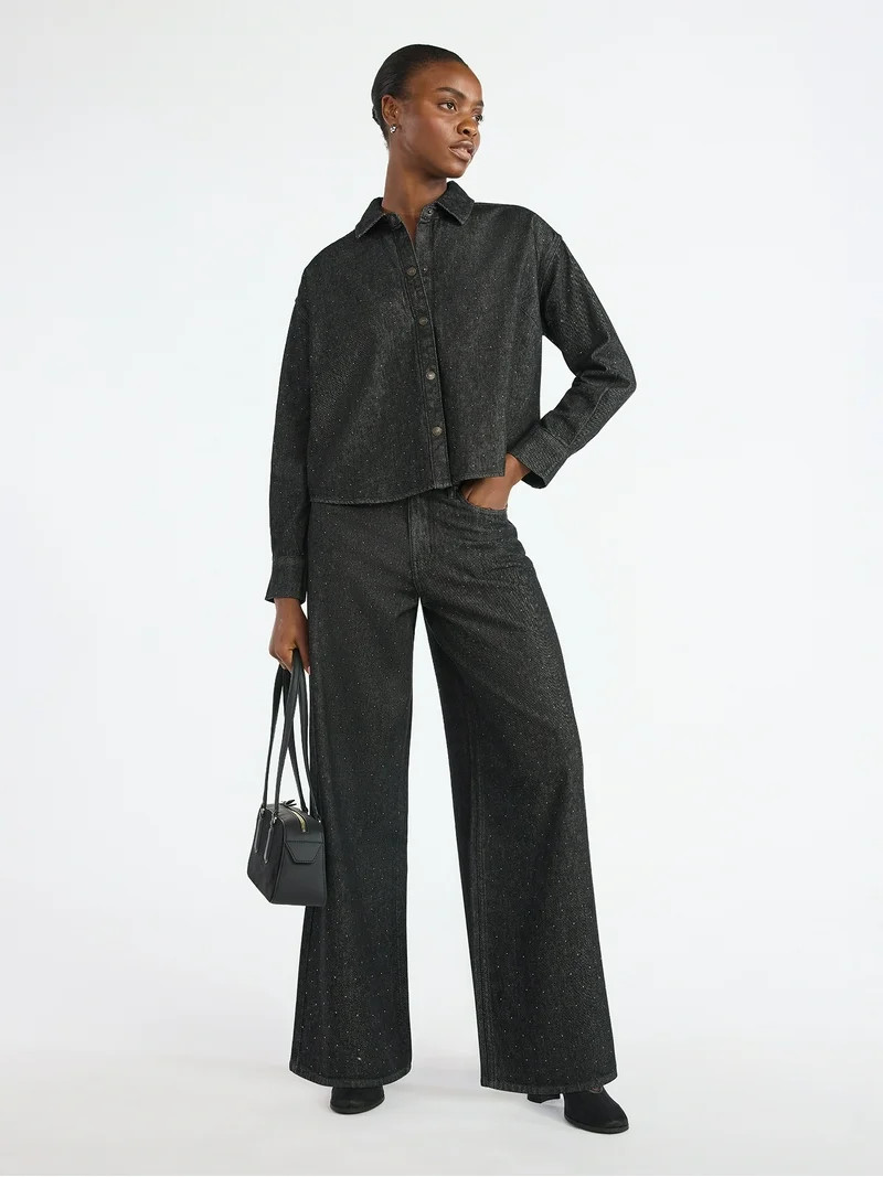 Scoop Women’s Rhinestone Embellished Cotton Denim Shirt with Long Sleeves, Sizes XS-4X - Walmar... | Walmart (US)