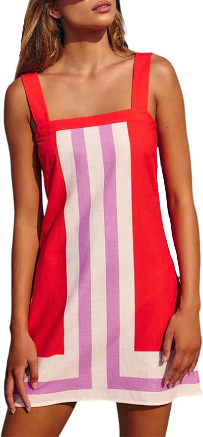 Fiona Jolin Women's Striped Mini Dress Boho Shoulder Strap Sundress Summer Cover Up Dress for Bea... | Amazon (US)