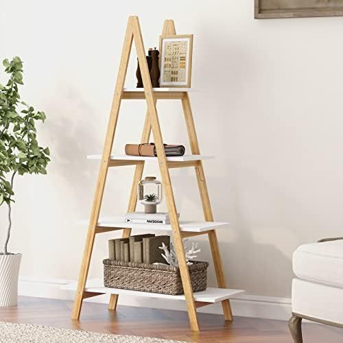 OQSC 4-Tier Ladder Bookcase with Solid Bamboo Frame A Shape Multifunctional Display Shelf Ladder ... | Amazon (US)